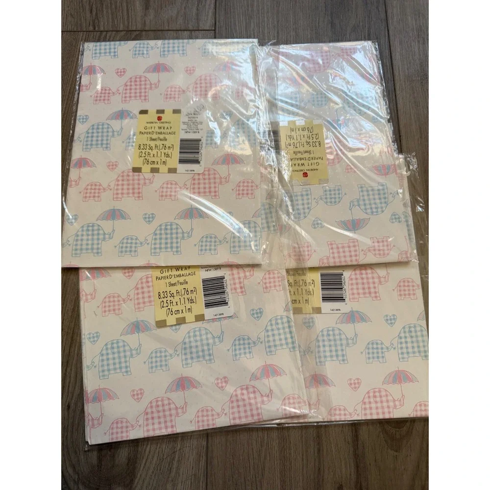 4pk Vintage American Greetings Elephant Gift Wrap Pink Blue Gingham Baby Shower
